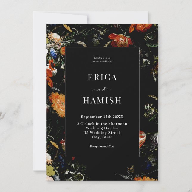 Dark Botanical Romantic Floral Wedding Invitation (Front)