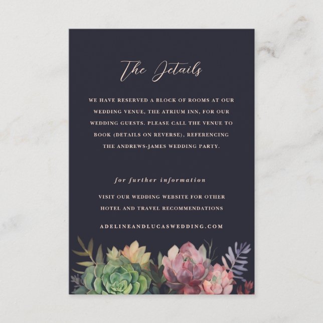 Dark Botanical Succulent Hotel Information Wedding Enclosure Card (Front)
