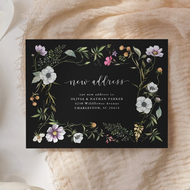 Dark Botanical Wildflowers | Moving Announcement (A trendy wildflower change of address postcard with a dark background)
