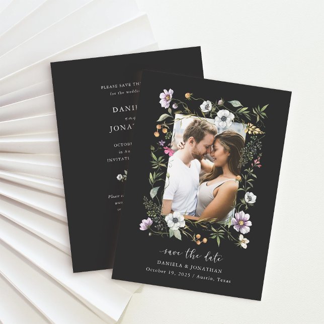 Dark Botanical Wildflowers | Photo and QR Code Save The Date (An elegant wildflower wedding save the date, with your photo and a QR code)