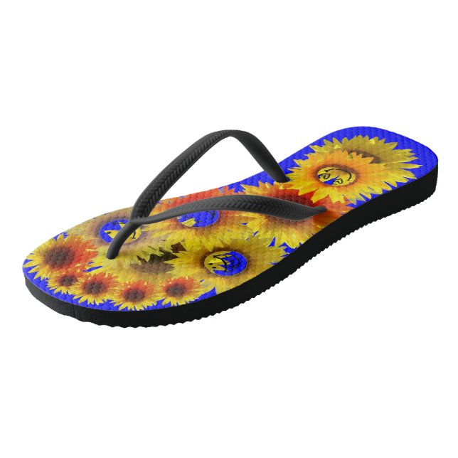 Dark Bright Blue Unisex Sunflower Flip Flops (Angled)