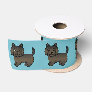 Dark Brindle Cairn Terrier Cartoon Dog On Blue Satin Ribbon