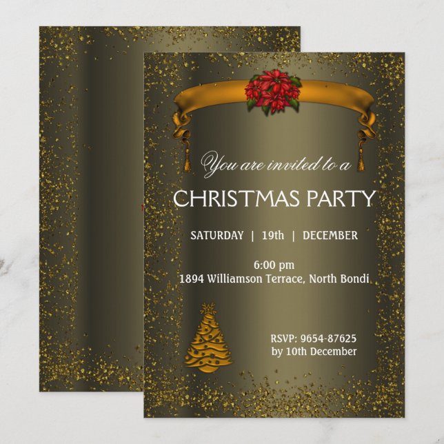 Dark Bronze and Gold Glitter Christmas Invitation (Front/Back)
