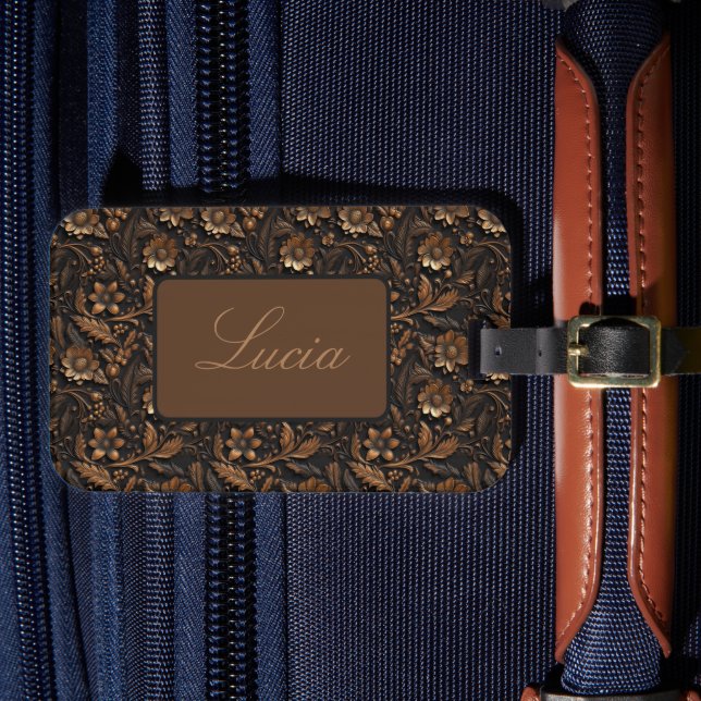Dark Bronze Embossed Floral Personalised Luggage Tag (Front Insitu 4)