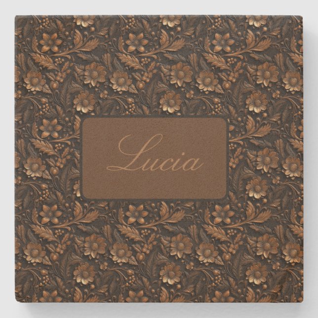 Dark Bronze Embossed Floral Personalised Stone Coaster (Front)