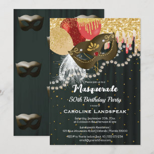 Dark Bronze Metallic Mask Masquerade 50th Birthday Invitation