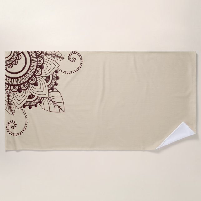 Dark Brown and Beige, Henna, Mehndi, Pattern Beach Towel (Front)