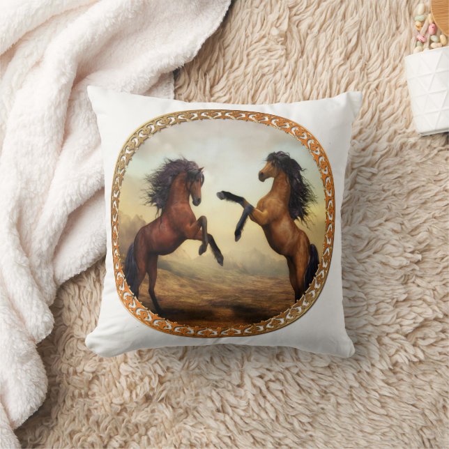 Dark Brown And Light Brown Friesian Draught Horses Cushion (Blanket)