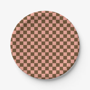 Dark Brown and Light Pink Chequerboard Paper Plate