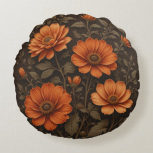 Dark brown background and burnt orange flowers round cushion
