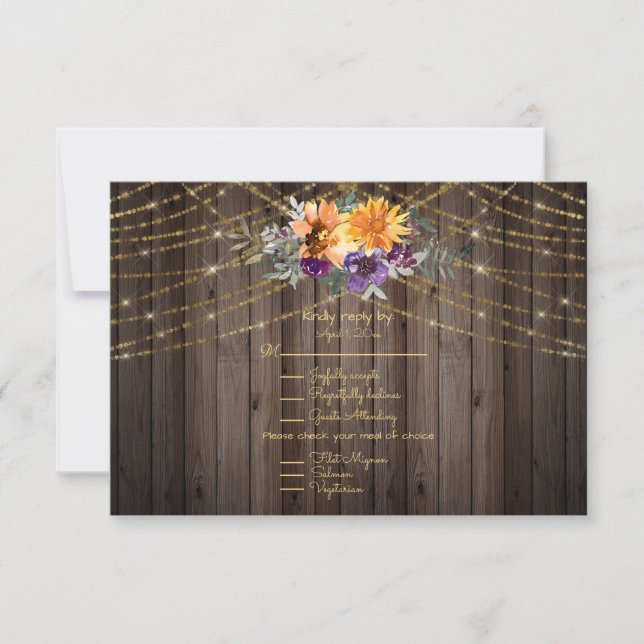 Dark Brown Barnboard String Lights Sunflowers RSVP Card (Front)