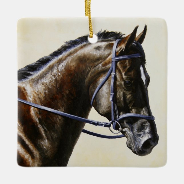 Dark Brown Bay Trakehner Dressage Horse Ceramic Ornament (Front)