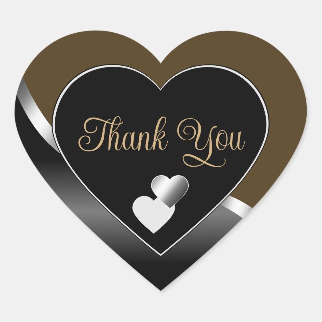 Dark Brown Black and Hearts Wavy Silver Thank You Heart Sticker (Front)
