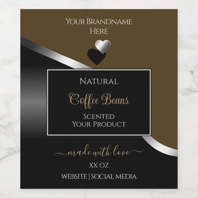 Dark Brown Black Wavy Silver Hearts Product Labels (Single Label)