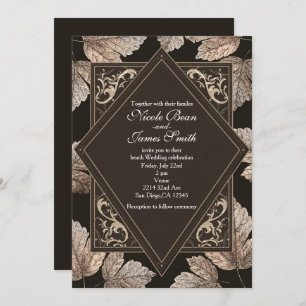 Dark Brown & Bronze Leaves Rustic Fall Invitations