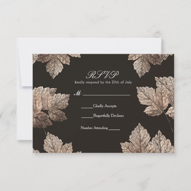 Dark Brown & Bronze Leaves Rustic Fall RSVP Card (Front)