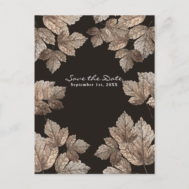 Dark Brown & Bronze Leaves Rustic Save the Date Announcement Postcard (Front)