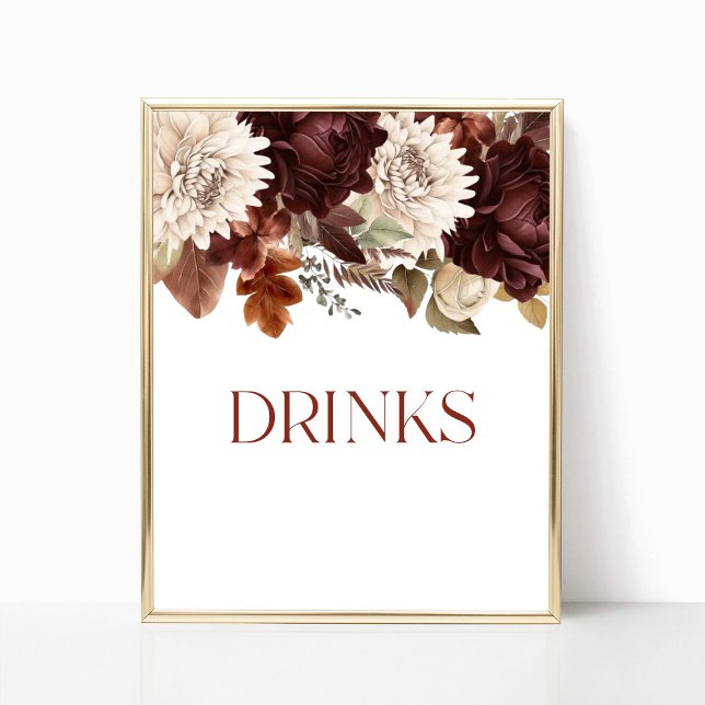 Dark Brown Burgundy Floral Drinks Party Sign (Creator Uploaded)