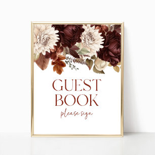 Dark Brown Burgundy Floral Guest Book Party Sign