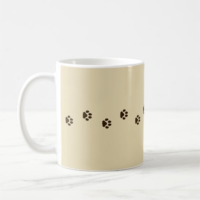 Dark Brown Cat Paw Prints Feline Tracks Tan Coffee Mug (Left)