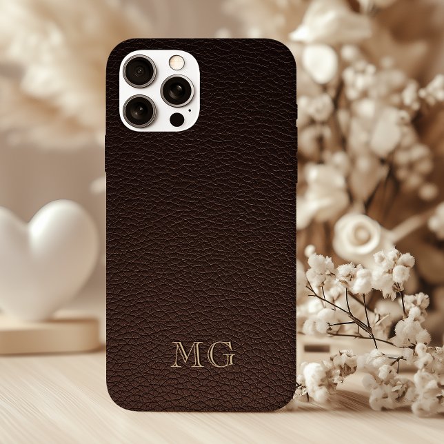 Dark Brown Faux Leather and Gold Monogram Initials Case-Mate iPhone Case (Creator Uploaded)