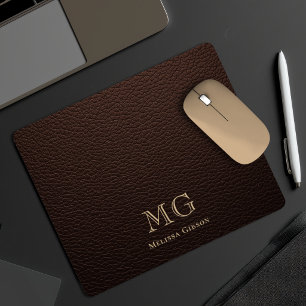 Dark Brown Faux Leather Gold Initials Mouse Mat