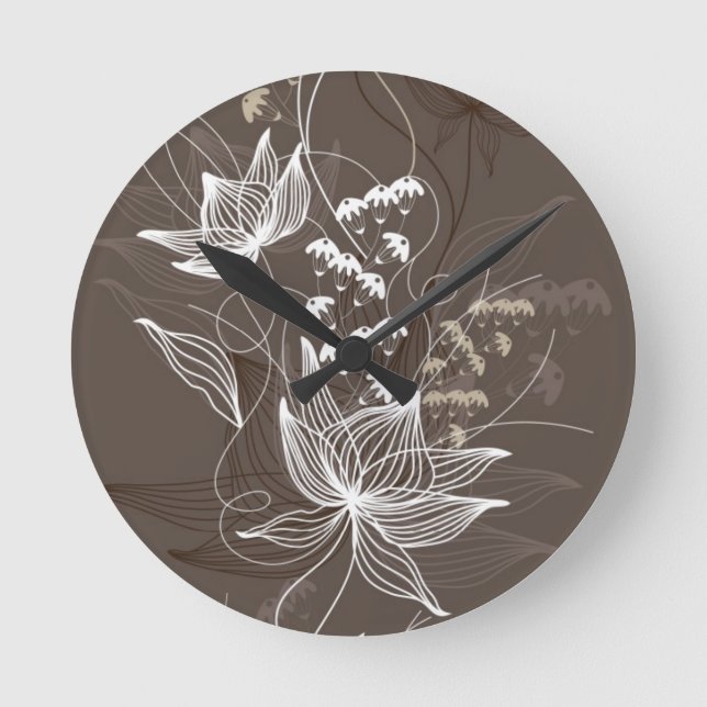 Dark Brown Floral Pattern Round Clock (Front)