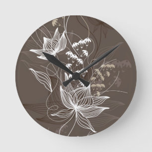 Dark Brown Floral Pattern Round Clock