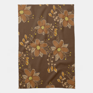 Dark Brown Flower Patterned Tea Towel