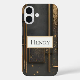Dark Brown & Gold Geometric iPhone 16 Case