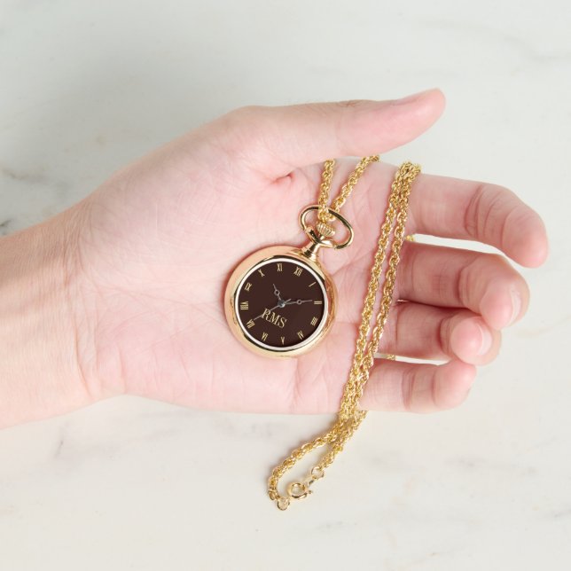 Dark Brown Gold Monogrammed Womens Necklace Watch (Hand)