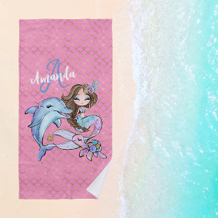 Dark Brown Hair Mermaid Custom Name Girl Pink Beach Towel