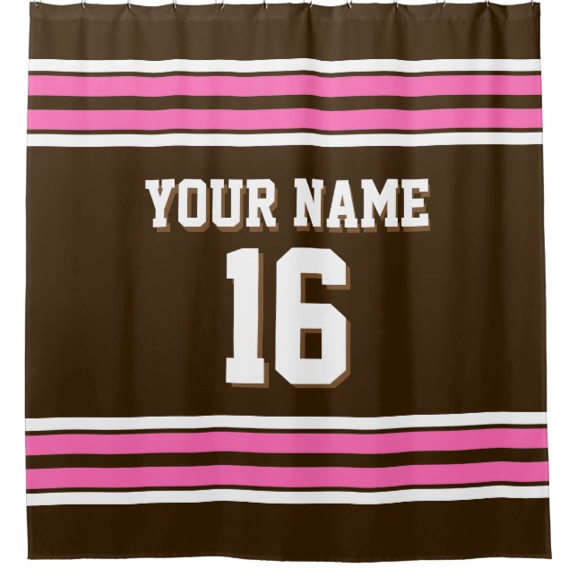 Dark Brown Hot Pink White Stripes Sports Jersey Shower Curtain (Front)