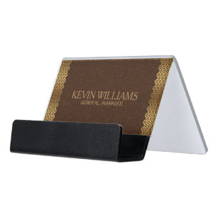 Dark Brown Leather Print With Gold Accents Desk Business Card Holder
