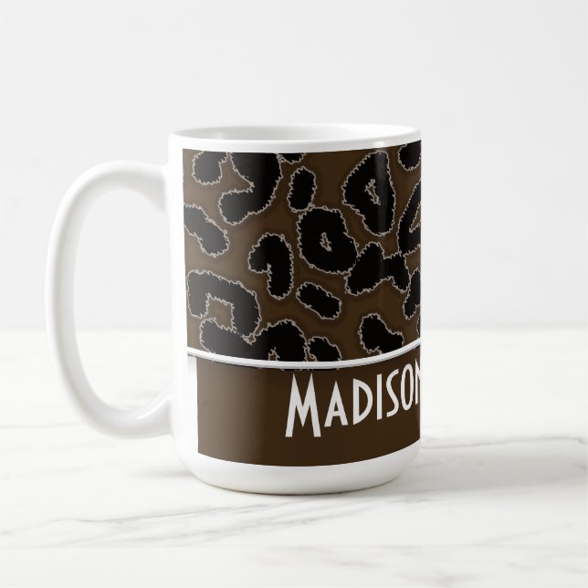 Dark Brown Leopard Animal Print; Personalised Coffee Mug (Left)