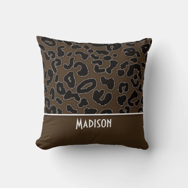 Dark Brown Leopard Animal Print; Personalised Cushion (Front)