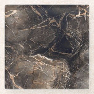 Dark Brown Marble Gold Veins Glass Coaster