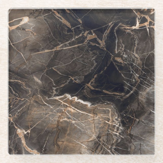Dark Brown Marble Gold Veins Glass Coaster (Front)