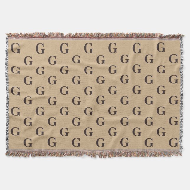 Dark Brown Monogram Pattern Tan Background Throw Blanket (Front)