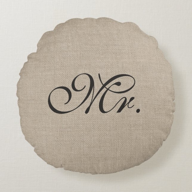 Dark Brown Mr. Burlap Round Throw Pillow (Front)