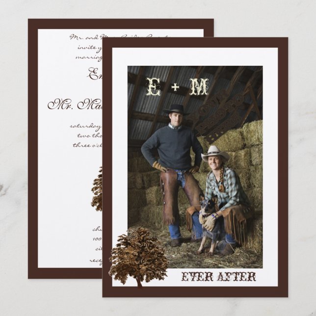 Dark Brown Oak Tree Photo Wedding Invitation (Front/Back)