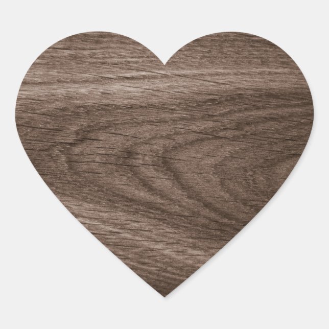 Dark brown oak wood grain image heart shaped sticker (Front)