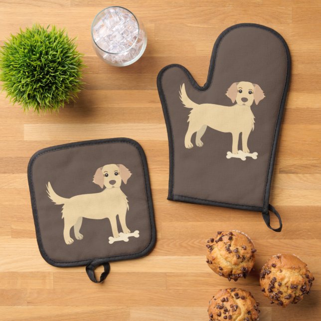 Dark Brown Oven Mitt & Pot Holder with Yellow Lab  Oven Mitt & Pot Holder Set (Top Down)