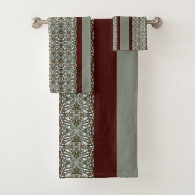 Dark Brown Pattern With Green Bath Towel Set (Insitu)