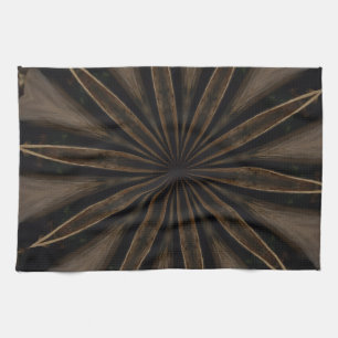 Dark Brown Rustic Kaleidoscopic Flower Art Tea Towel