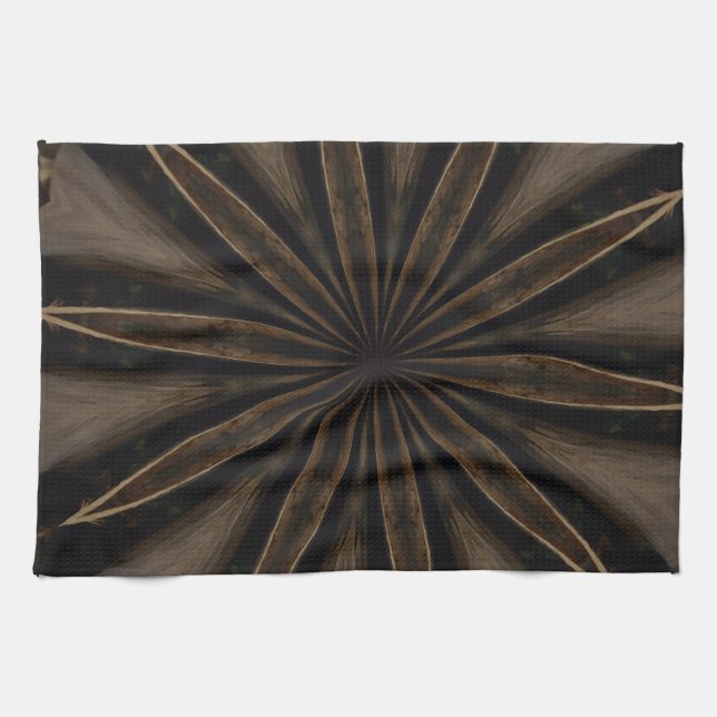 Dark Brown Rustic Kaleidoscopic Flower Art Tea Towel (Horizontal)