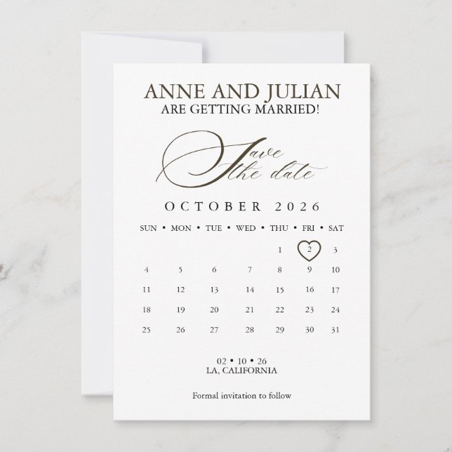 Dark Brown Save the date card calendar & photo (Front)