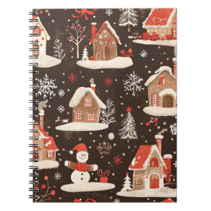 Dark Brown Snowy Christmas Village Red Green Notebook