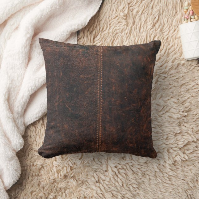 Dark Brown Stitched Faux Leather Throw Pillow (Blanket)