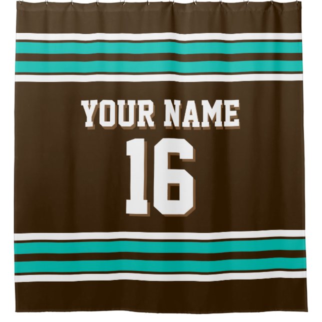 Dark Brown Teal White Stripes Sports Jersey Shower Curtain (Front)
